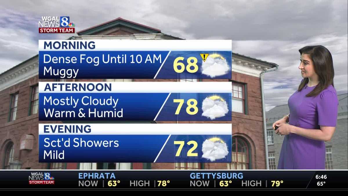 Dense morning fog, showers return this evening