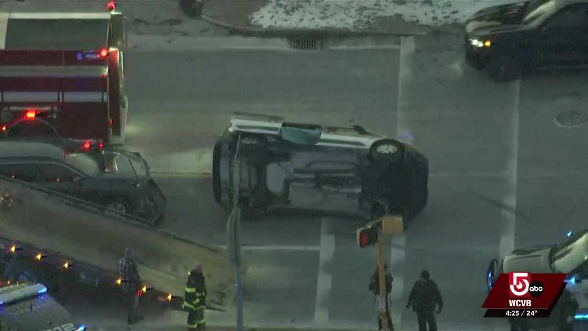 MBTA's The RIDE van lands on side after crash in Braintree