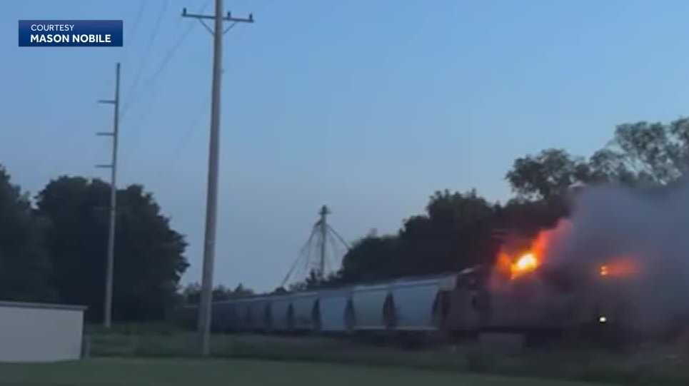 Video shows train locomotive on fire Monday night in Mukwonago