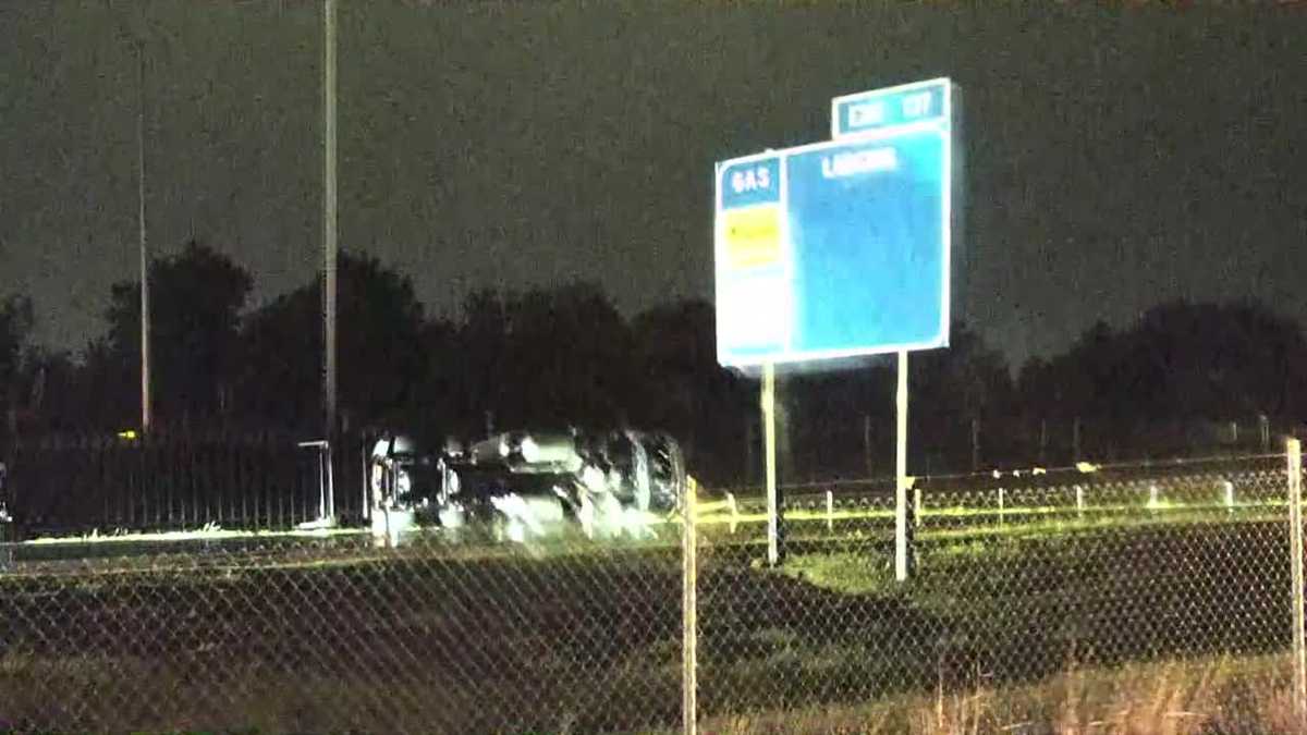 Semi-trailer rolls over along I-44 as storms move through northeast Oklahoma City