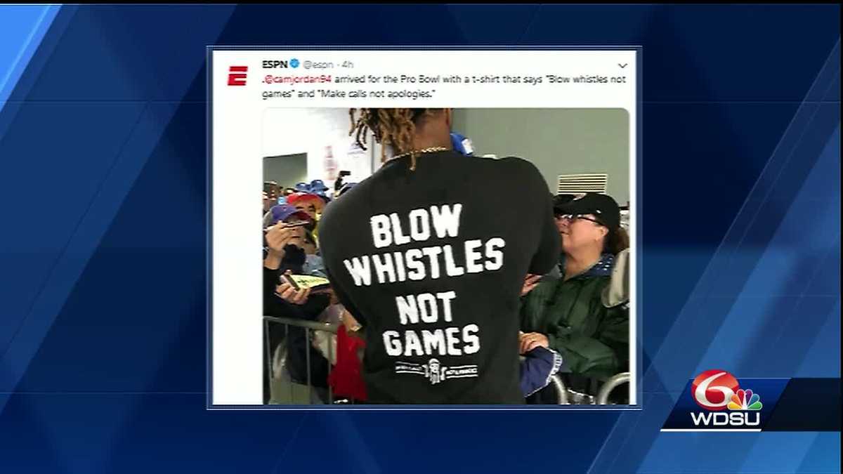 Saints DE Cameron Jordan wore a 'Blow Whistles Not Games' shirt to