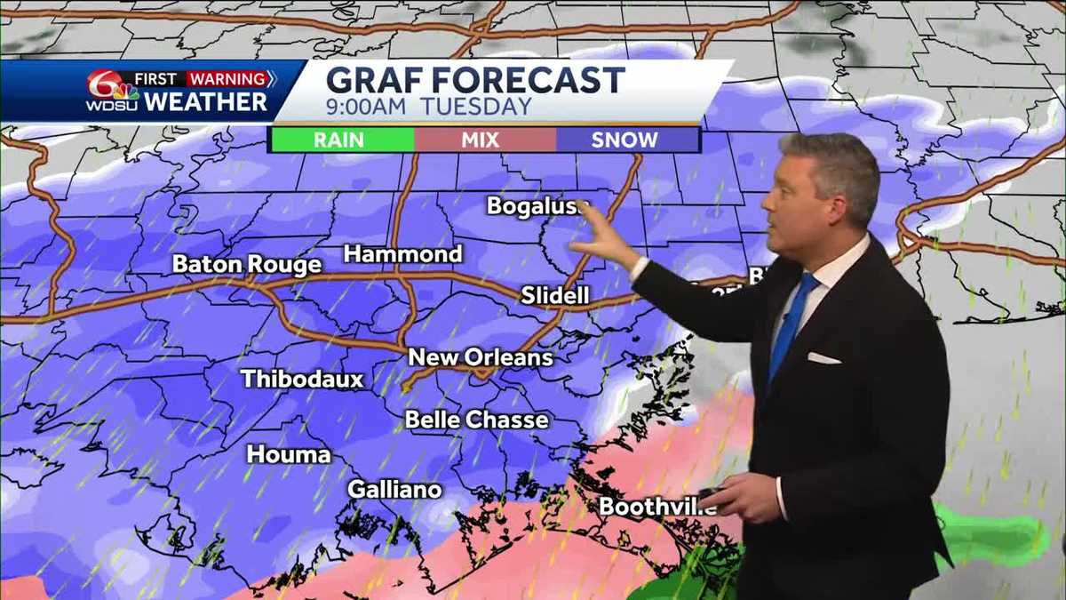 New Orleans weather forecast how much snow Tuesday how cold