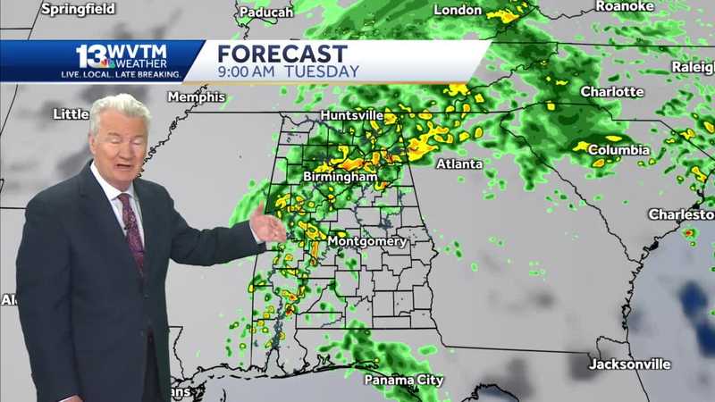 A steady soaker brings a healthy rainfall to Central Alabama overnight and Tuesday