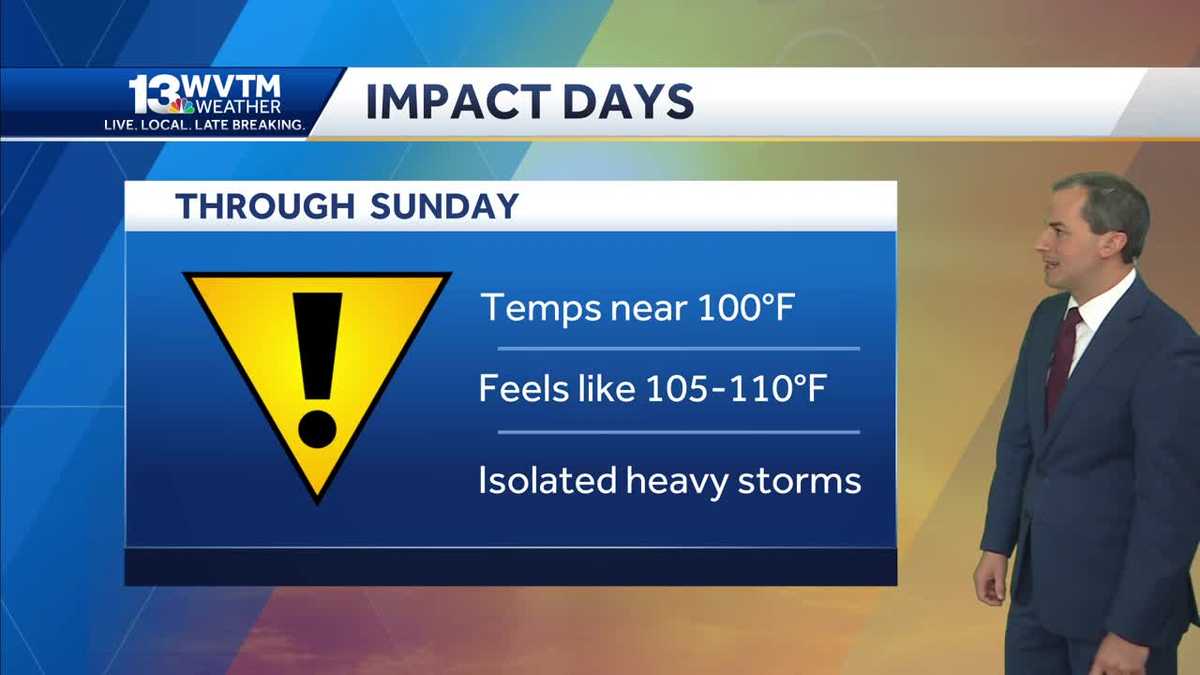 Temperatures near 100, heat index near 110, isolated storms