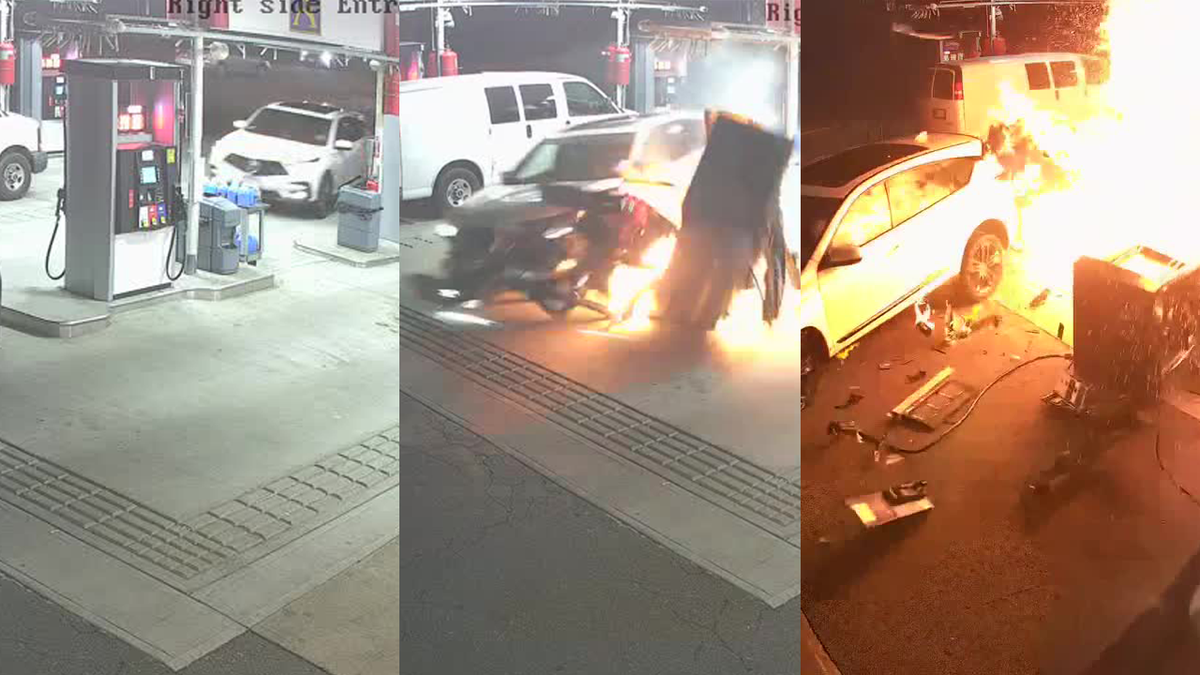 监控视频显示撞车后加油泵突然爆炸起火