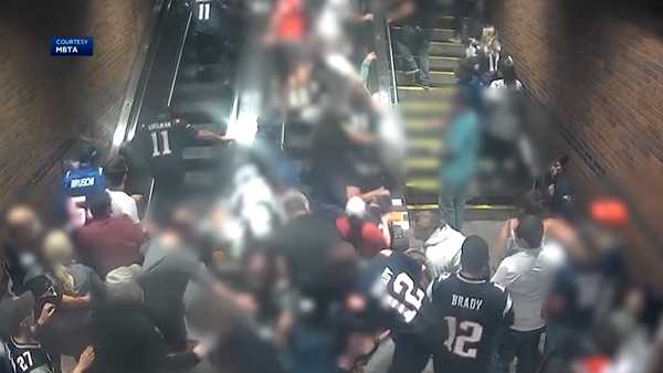 This photo taken from video shows an escalator malfunction at the Back Bay MBTA Station in Boston, Massachusetts, that injured dozens of people on Sept. 26, 2021.