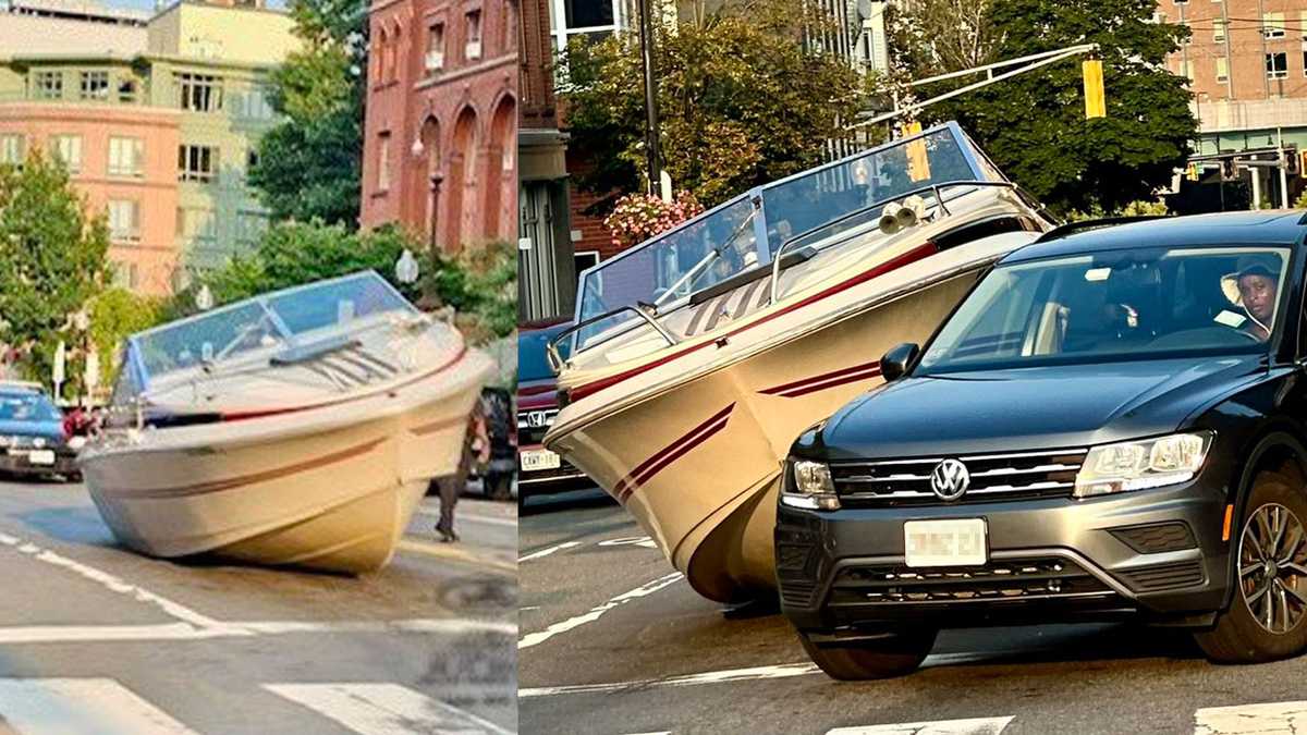 Unusual obstacle: Boat slides off trailer onto Cambridge street