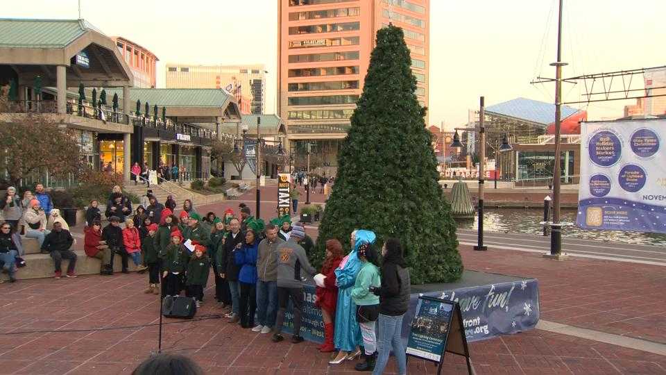 Tree lit at Christmas Village in Baltimore