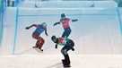 (L-R) Canada's Audrey McManiman, USA's Lindsey Jacobellis and USA's Stacy Gaskill compete in the snowboard women's cross quarter-finals during the Beijing 2022 Winter Olympic Games at the Genting Snow Park P & X Stadium in Zhangjiakou on February 9, 2022. (Photo by Ben STANSALL / AFP) (Photo by BEN STANSALL/AFP via Getty Images)
