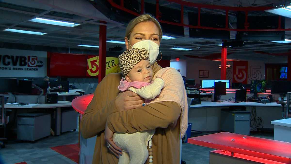 WCVB's Katie Thompson visits newsroom with baby Brynn