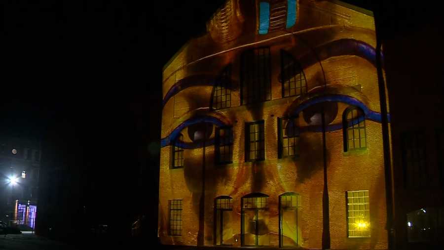 A projection of King Tut on the SoWa Power Station in Boston, Massachusetts