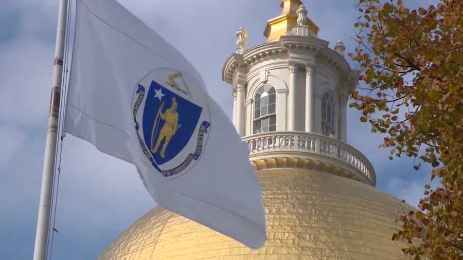 The Massachusetts state flag at the State House in Boston