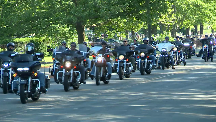 A line of motorcycles arriving at a vigil and fundraiser for the seven victims who were killed in a horrific motorcycle crash in Randolph, New Hampshire, on June 21, 2019.