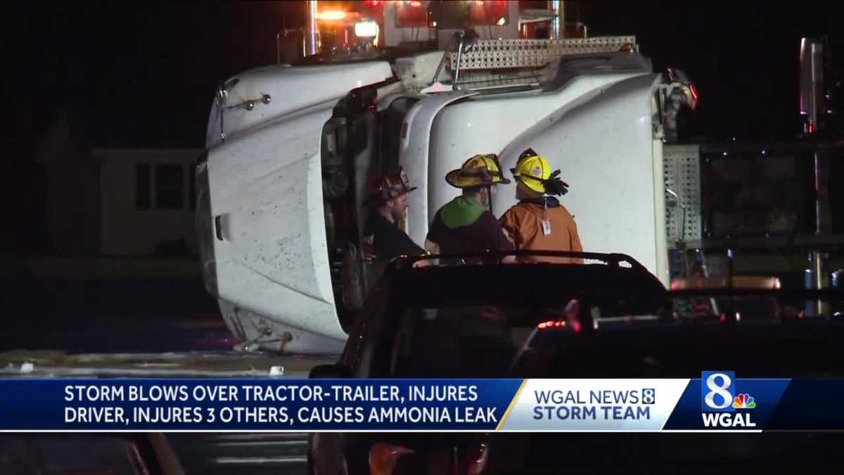 Storms blow over tractortrailer in New Holland