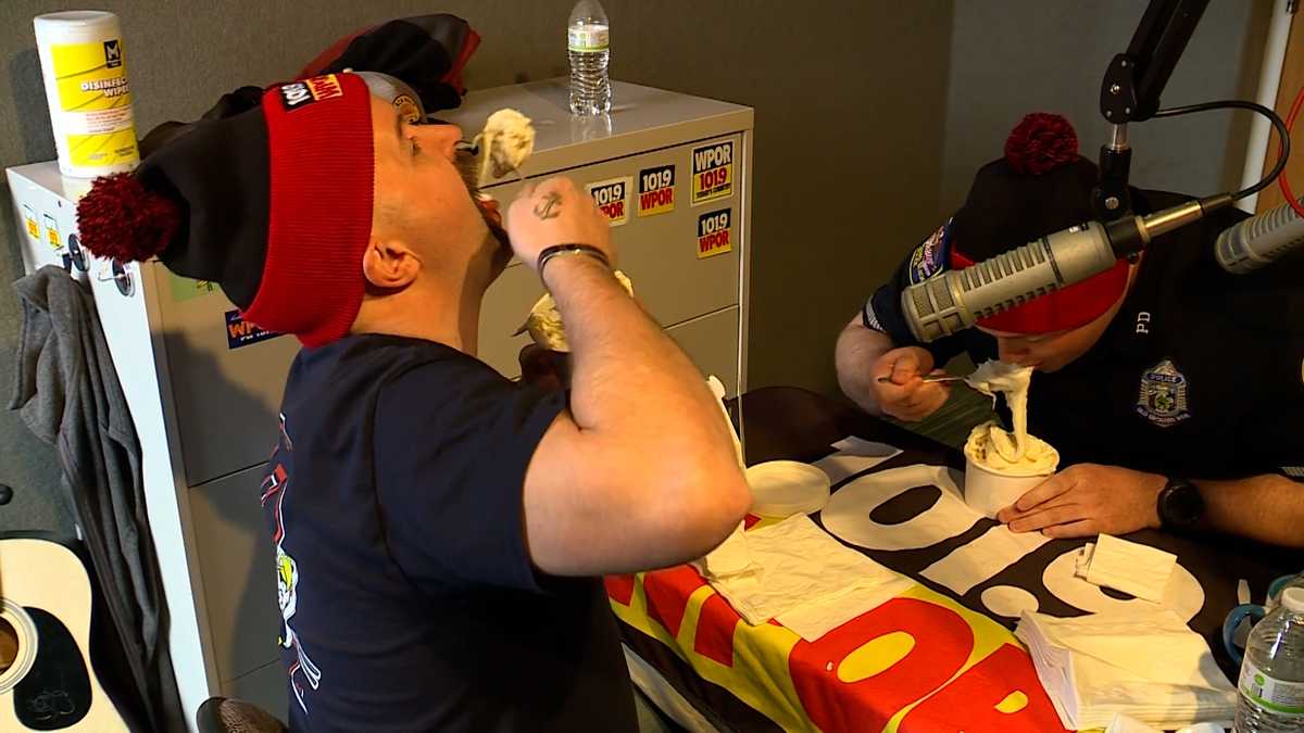 Old Orchard Beach firefighters and police settle frosty rivalry with ice cream eating contest
