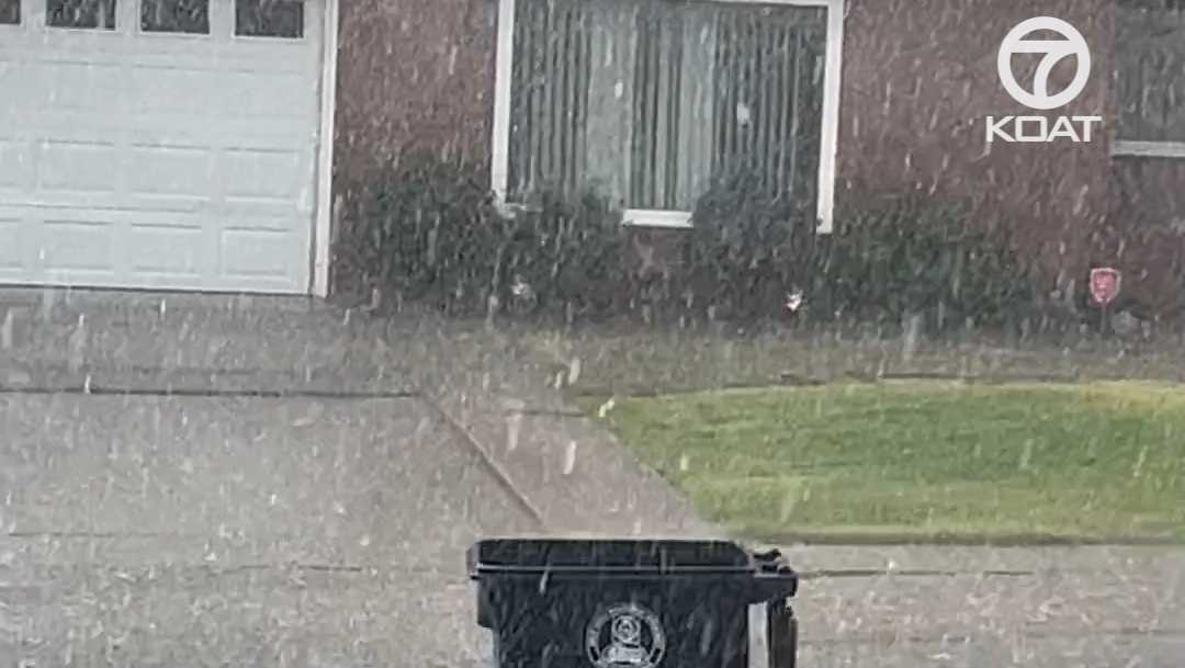 Trash cans float down flooded road in Albuquerque
