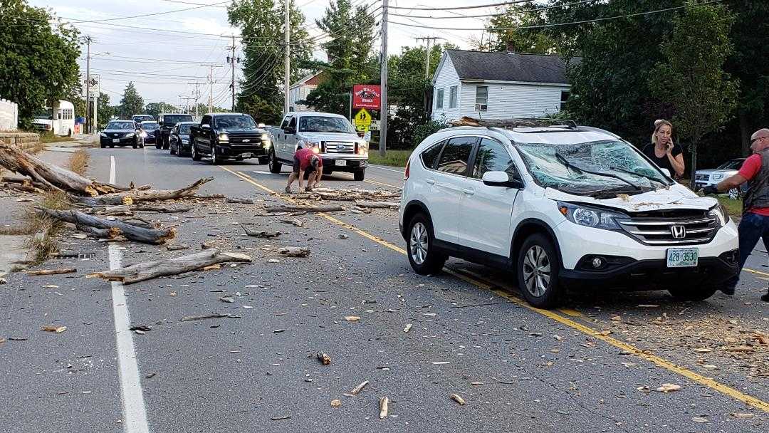 Raw video Tree falls on car driving in Hudson