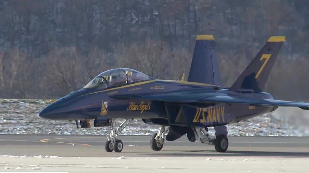 U.S. Navy Blue Angels fly over Harrisburg International Airport ahead of 2026 air show