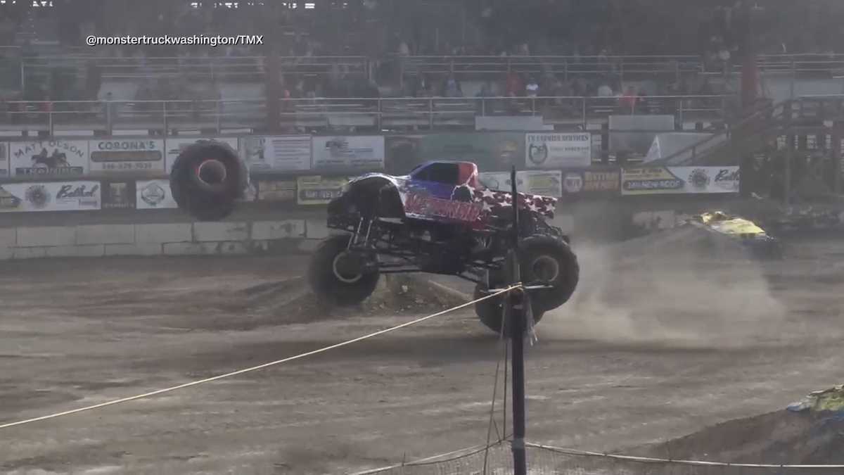 Video shows monster truck wheel fly off mid-performance into parking lot, damaging multiple cars